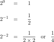 \begin{array}{llcll} 2^0&=&1&& \\ \\ 2^{-1}&=&\dfrac{1}{2}&& \\ \\ 2^{-2}&=&\dfrac{1}{2\times 2}&\text{or}&\dfrac{1}{4} \\ \\ \end{array}