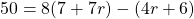 50 = 8(7 + 7r) - (4r + 6)