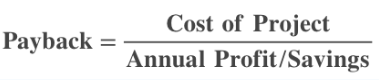 Payback equals the cost of the project, divided by the annual profit or savings.