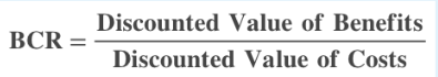 The benefit to cost ratio equals the discounted value of benefits, divided by the discounted value of costs.