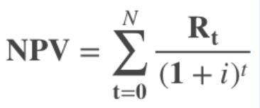 Net Present Value equals the value of expected cash flows, minus the value of invested cash.