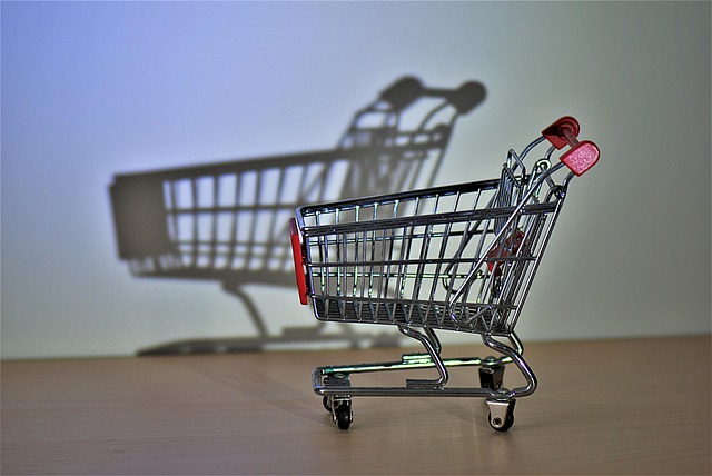 A miniature shopping cart, empty, casting a larger shadow on the wall.