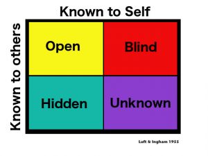 This is a window with two axis: one for know to self and the other with Known to others. The axis have a square with four boxes in it and the top right is Open, then Blind, on the bottom are hidden and unknown