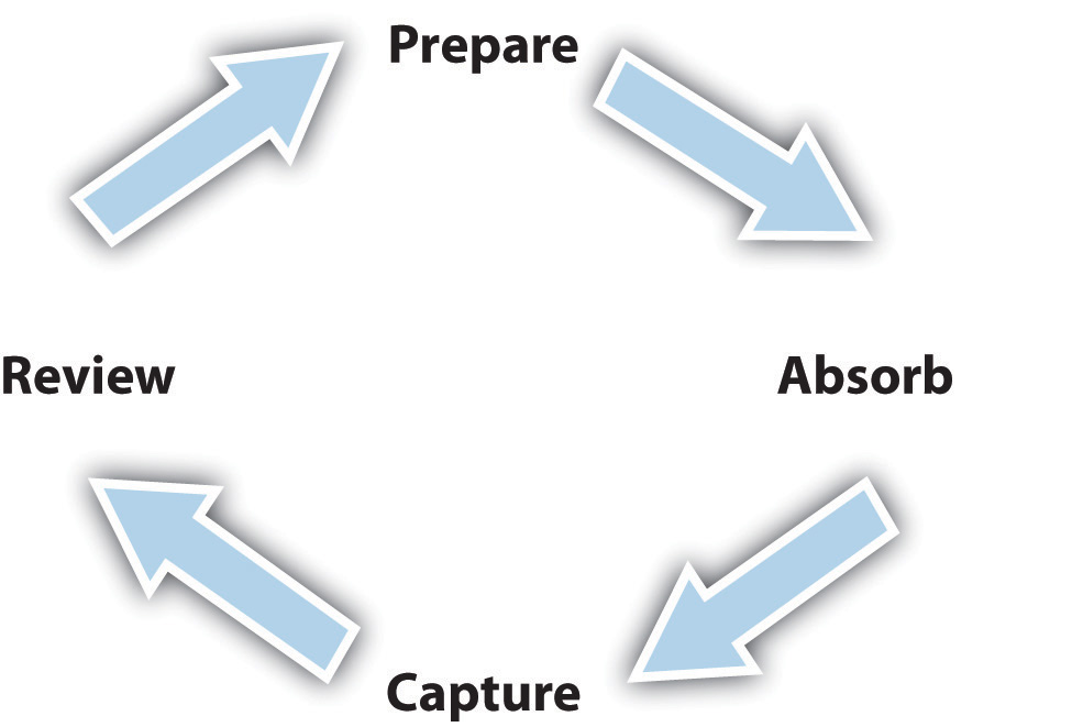 Four Step Cycle of Academic Learning. At the top it says Prepare, with an arrow pointing to Absorb, which has an arrow pointing to Capture, which has an arrow pointing to Review, which has an arrow pointing back to Prepare.