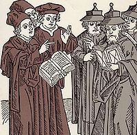 Woodcut carved by Johann von Armssheim (1483). Portrays a disputation between Christian and Jewish scholars (Soncino Blaetter, Berlin, 1929. Jerusalem, B. M. Ansbacher Collection).