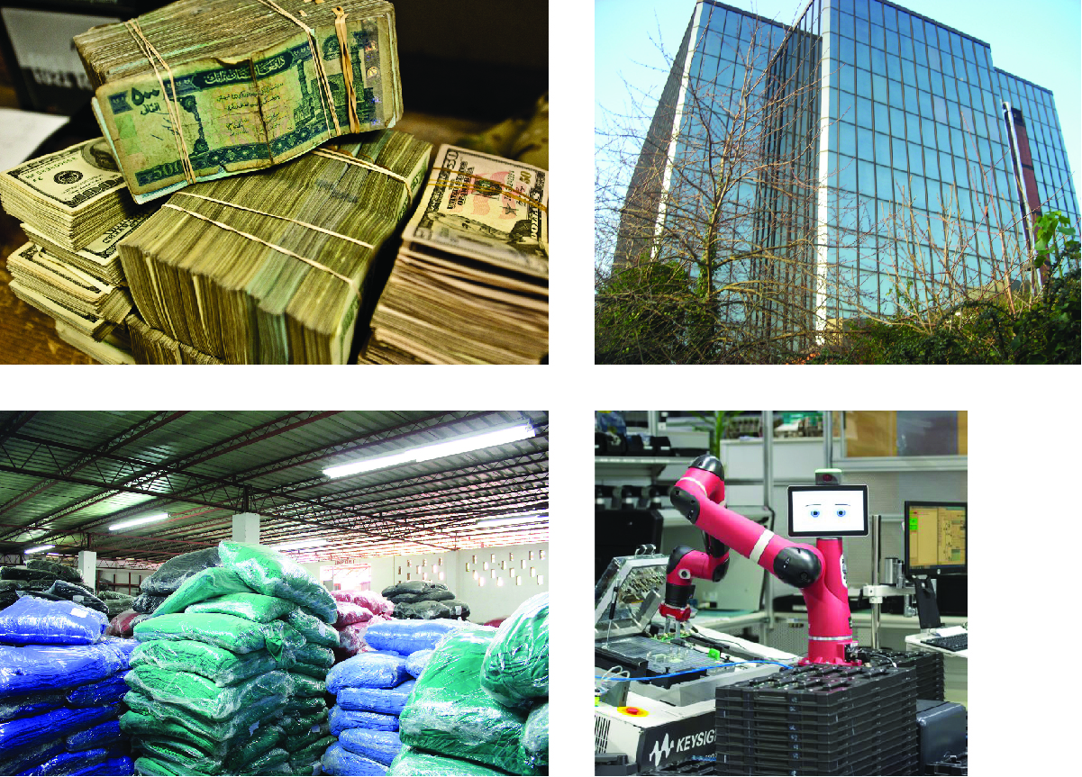 Four photographs. Top left is stacks of paper money bound in rubber bands. Top right is a tall, glass front office building. Bottom right is a robot installing parts on an assembly line. Bottom left is warehouse with several stacks of blue and green granular material in plastic sacks.