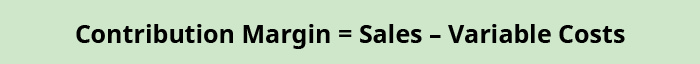 Contribution Margin equals Sales minus Variable Costs.