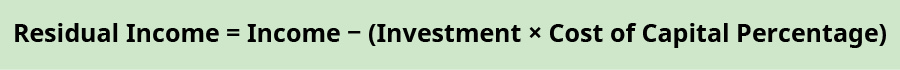 Residual income equals income minus the product of investment times cost of capital percentage.