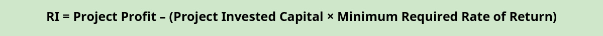 RI equals Project Profit minus (Project Invested Capital times Minimum Required Rate of Return).