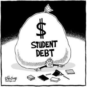 cartoon with huge bag of debt on top of a student