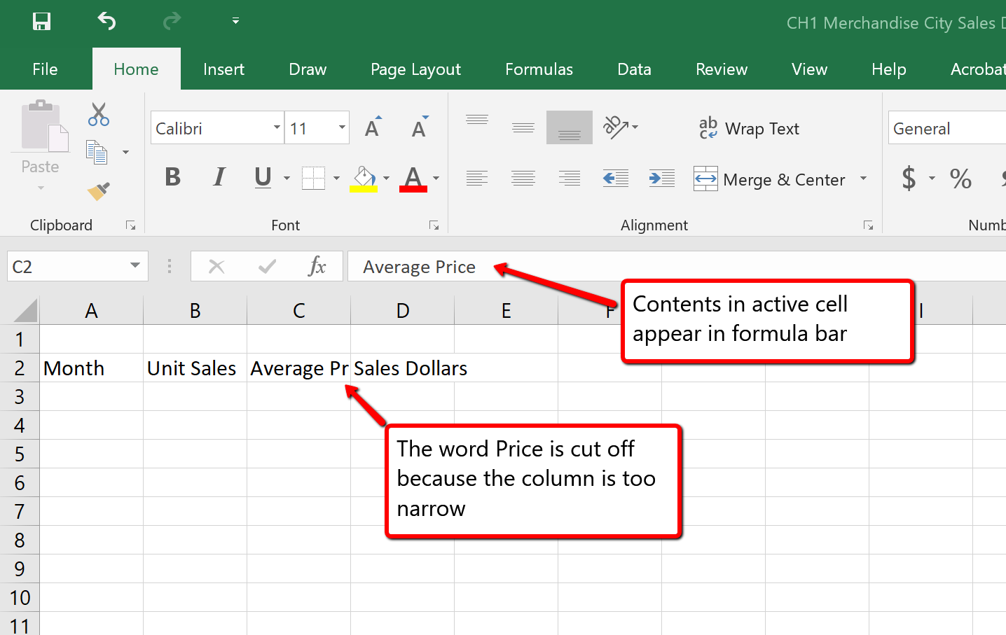 Cell C2 activated with "Average Price" in formula displayed as "Average P" in cell due to narrow column.