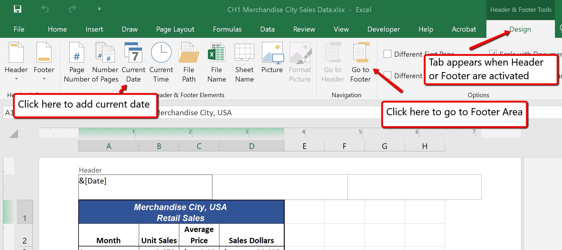 Design Tab menu for creating headers and footers. Options include page number, date, time, file name.