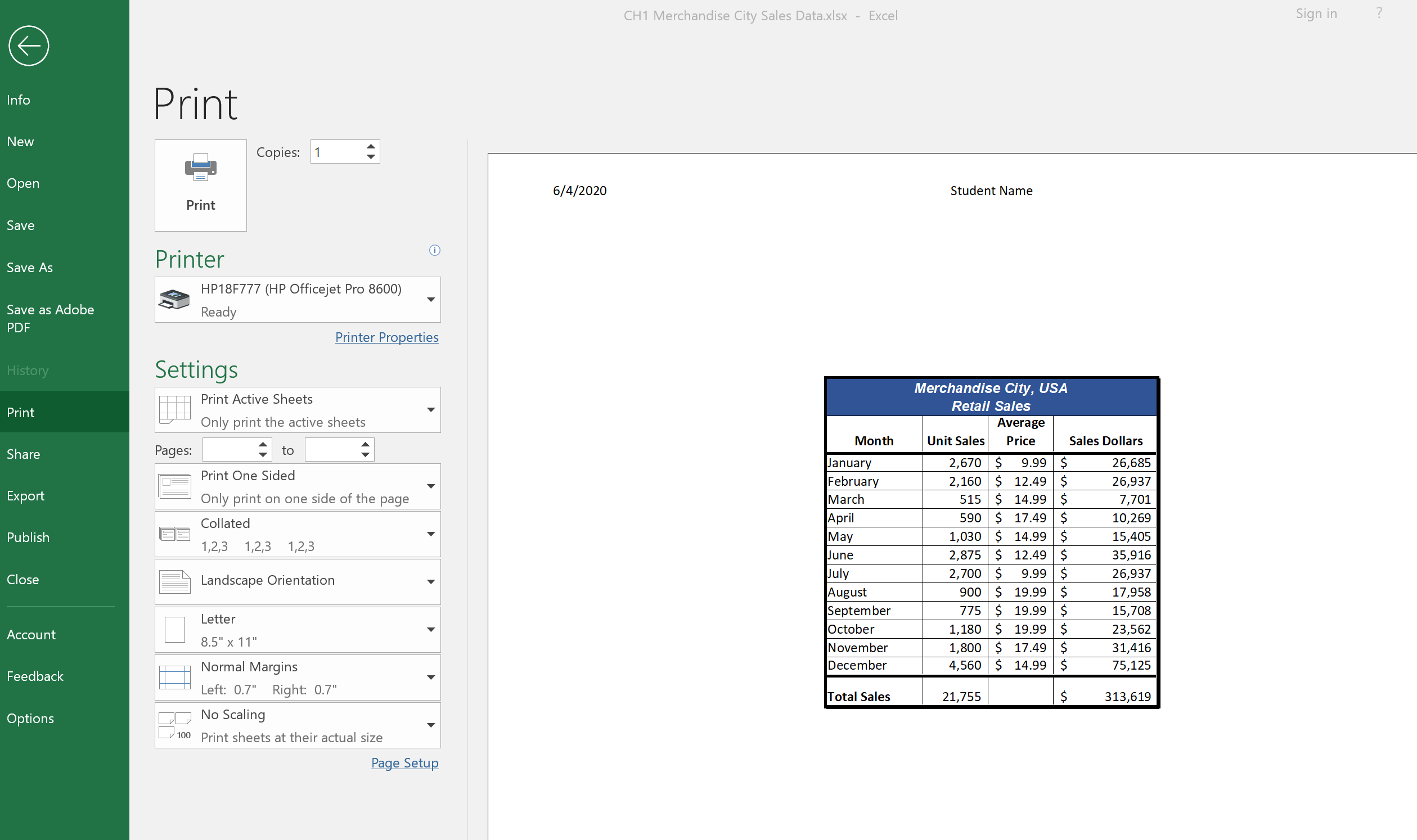 Print Backstage View with worksheet preview on right and print options on left, including printer choice and settings.