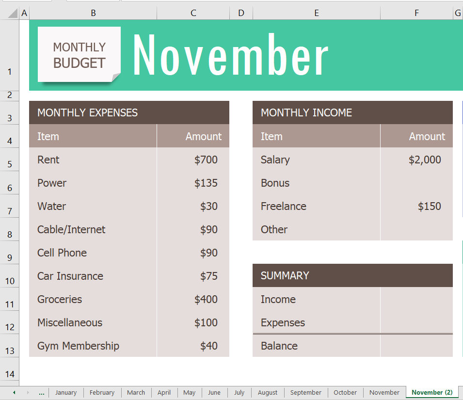 November worksheet open and tab to right is also "November" with "(2)" indicating this is a copy.