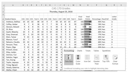 Data Bars selected on Quick Analysis Tool and data bars output values in Column O Total Points.